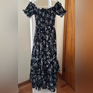 Blue Rain Black & White Floral Maxi Dress